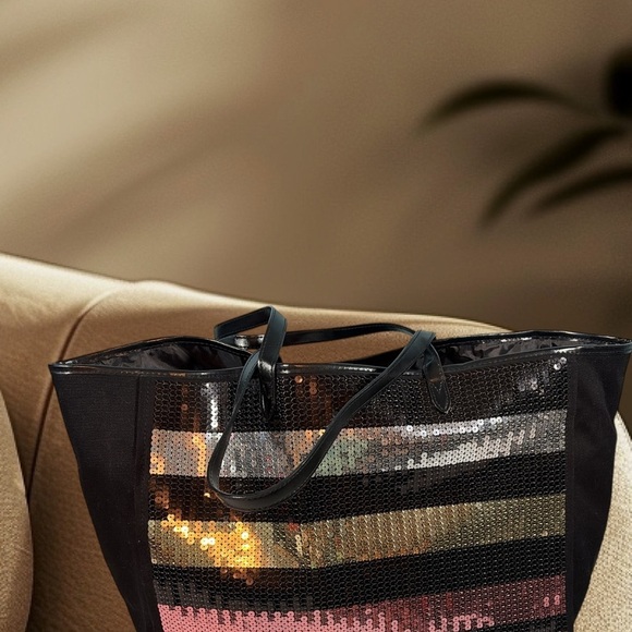 Victoria's Secret Handbags - Victoria's Secret Large Tote Bag Weekender Black Sequined Reusable Bag